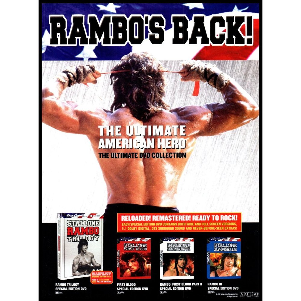 2002 Rambo Movies DVD Collection Vintage Print Ad Movie Promo Stallone Wall Art